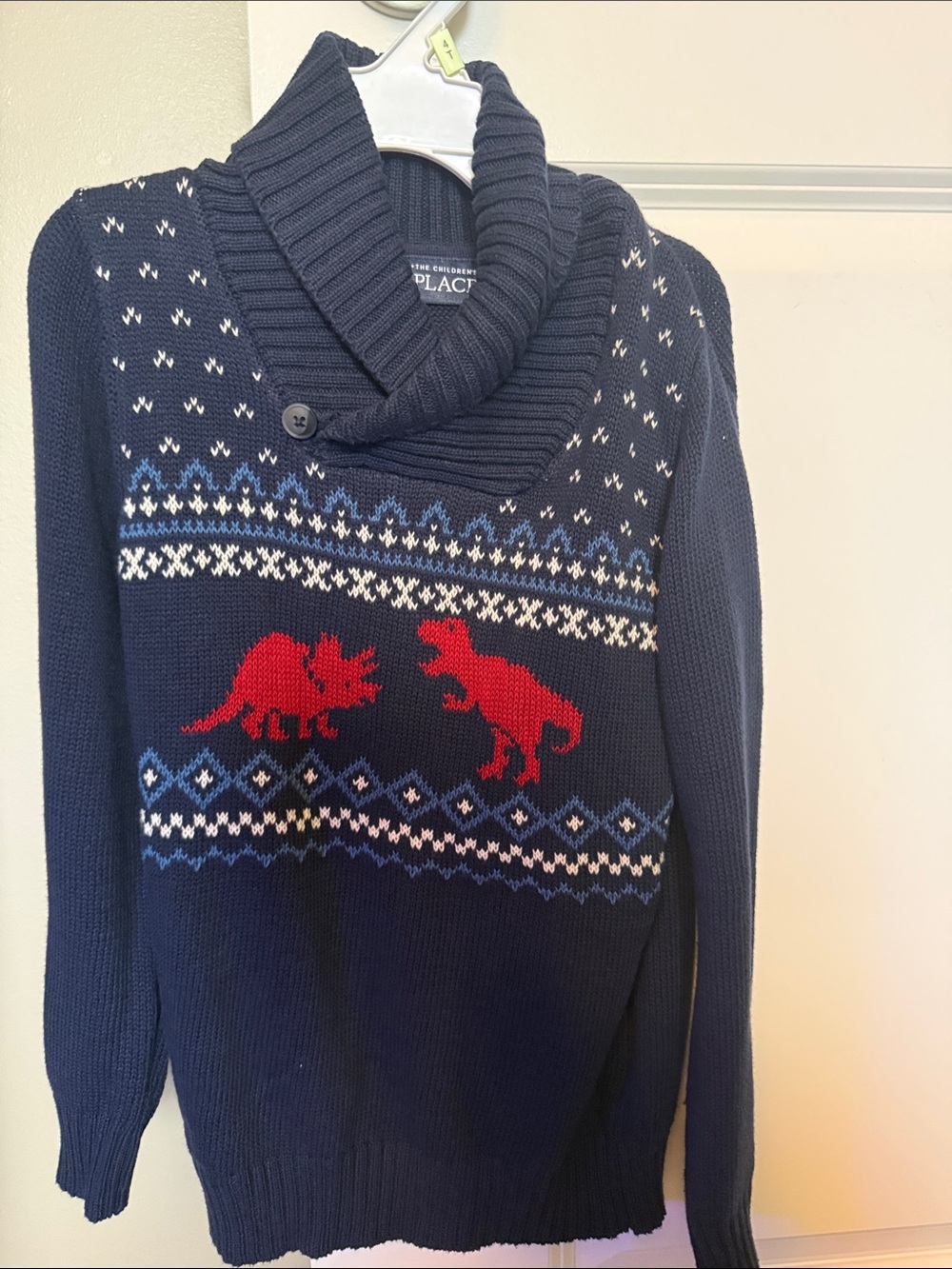 The Children's Place Navy Shawl Collar Sweater with Red Dino Motif